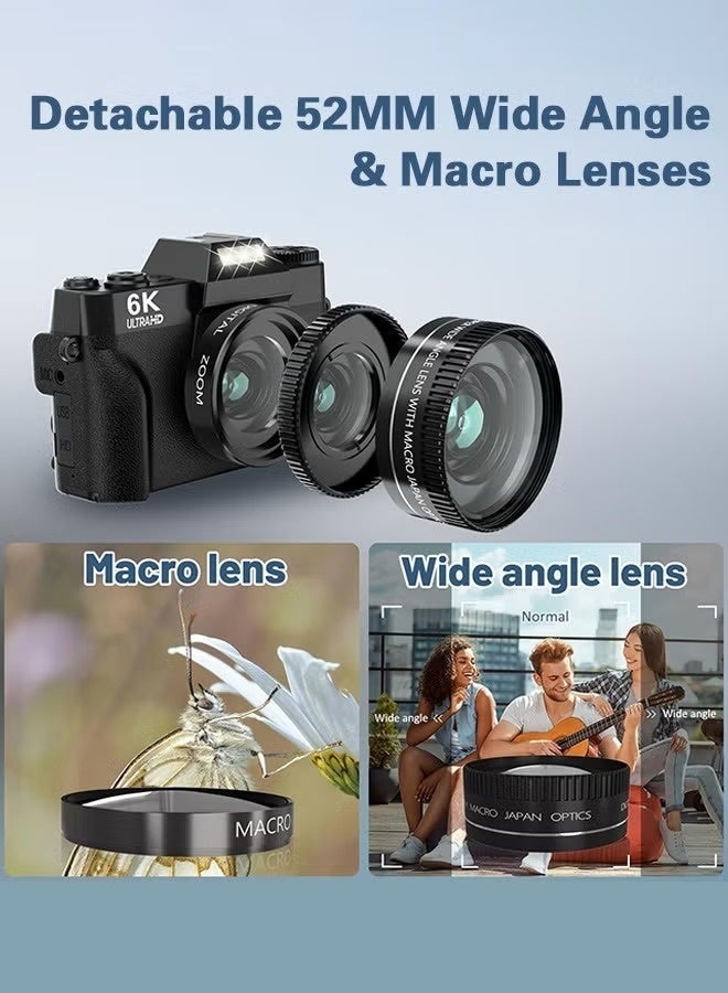 إيكويكام كاميرا رقمية 6K للتصوير - كاميرات رقمية مع بطاقة TF سعة 128 جيجابايت، وكاميرات فيديو مدونات واي فاي بدقة 64 ميجابكسل لليوتيوب مع شاشة قلابة 3 بوصات بزاوية 180 درجة، وتقريب رقمي 16X مع ضبط تلقائي للصورة، وعدسة واسعة الزاوية وماكرو، وبطاريتان - Image 5